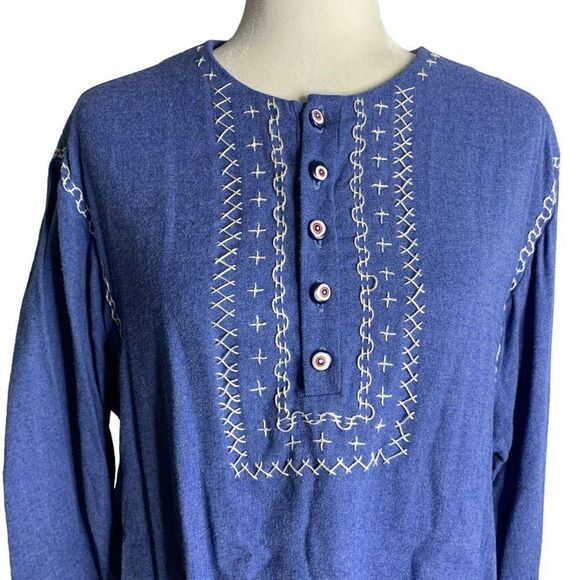 Vintage 70s Tunic Mini Dress L Blue Embroidered Boho Pockets Bell Sleeve - Picture 2 of 5